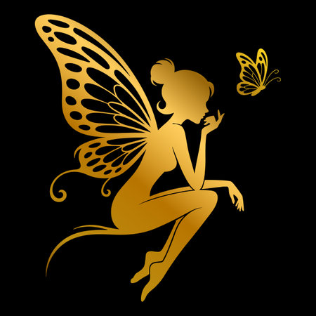 A golden silhouette of a fairy with large, ornate butterfly wings sits with her legs crossed. A small butterfly hovers near her face. The background is solid black.のイラスト素材