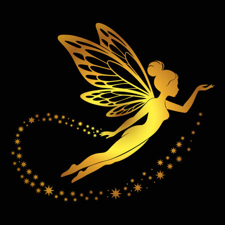 A golden silhouette of a fairy with intricate butterfly wings is depicted against a solid black background. The fairy is in a dynamic flying pose, with one arm extended and the other bent. A trail of golden stars and dots curves behind the fairy, suggesting movement and magic. The fairy's hair is styled in a bun.のイラスト素材