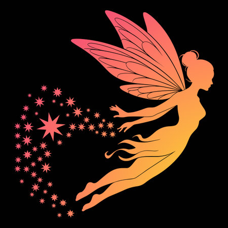 A silhouette of a fairy in profile, with large, segmented wings and flowing hair. The fairy is depicted in mid-flight, with its body and wings transitioning from orange to pink. A trail of small, star-shaped sparkles emanates from the fairy's outstretched hand, also in a gradient of pink and orange. The background is solid black.のイラスト素材