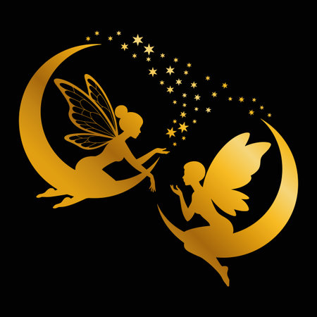 Two golden silhouettes of winged fairies are depicted against a black background. One fairy sits on a crescent moon on the left, reaching out a hand. Another fairy sits on a crescent moon on the right, with hands cupped. A trail of golden stars cascades from the upper left towards the fairies. The moons are also golden with a gradient effect.のイラスト素材