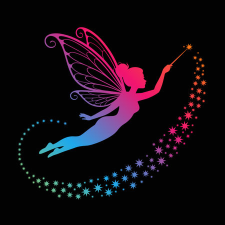 A silhouette of a fairy with intricate wings is depicted in profile, flying against a black background. The fairy is rendered with a vibrant gradient of pink, purple, and blue. She holds a magic wand in her outstretched hand, from which a trail of colorful, star-shaped sparkles emanates. The stars are also depicted with a gradient of colors, transitioning from orange and pink to blue and green.のイラスト素材
