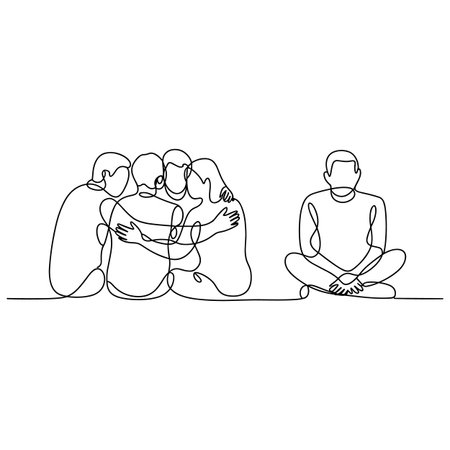 Continuous line drawing of a group of people sitting and hugging each other.のイラスト素材