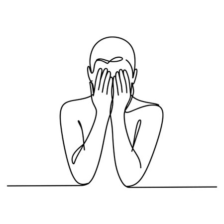 Continuous line drawing of man covering face with hands. Vector illustrationのイラスト素材