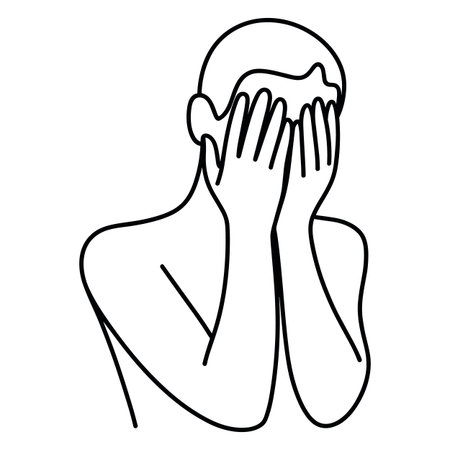 Woman covering her face with hands. Vector illustration in outline style.のイラスト素材