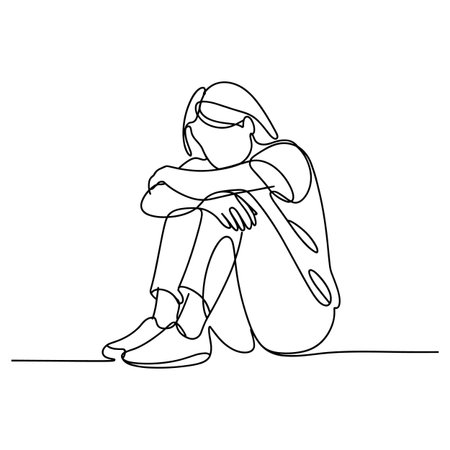 Continuous one line drawing of sad girl sitting on the ground.のイラスト素材