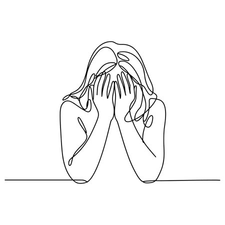 Continuous one line drawing of depressed woman covering face with hands.のイラスト素材