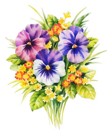 bouquet with violet pansies and yellow primrose watercolor illustrationのイラスト素材