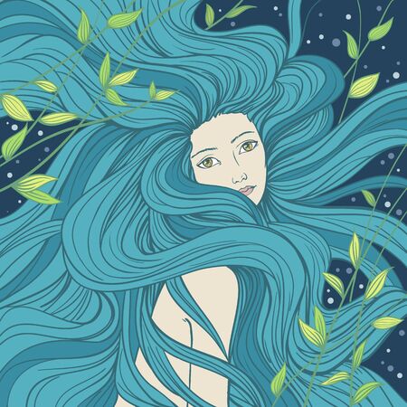 Beautiful mermaid with streaming hair, hand drawn vector illustrationのイラスト素材