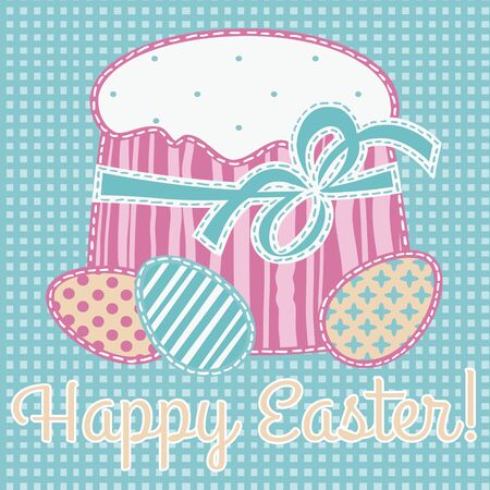 Happy Easter card stylized applique on fabric with easter eggs and cake. Vector Illustrationのイラスト素材
