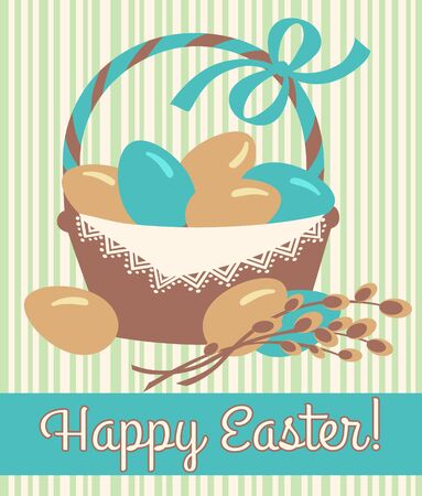 Easter basket with multicolored eggs and pussy-willow branch, vector illustration, template for greeting card, invitationのイラスト素材