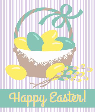 Easter basket with multicolored eggs and pussy-willow branch, vector illustration, template for greeting card, invitationのイラスト素材