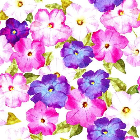 Petunia pink and lilac flowers, watercolor raster seamless pattern for textile, wrapping paper, greeting card.の写真素材