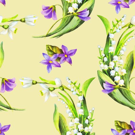Spring flowers: snowdrop, may-lilly, viola  seamless pattern, hand paint watercolor illustration.の写真素材