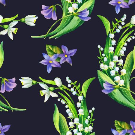 Spring flowers: snowdrop, may-lilly, viola  seamless pattern, hand paint watercolor illustration.の写真素材