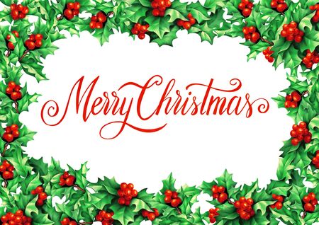 Christmas frame with digital hand drawn holly berries, christmas background for greeting card, invitation, dequopage.の写真素材