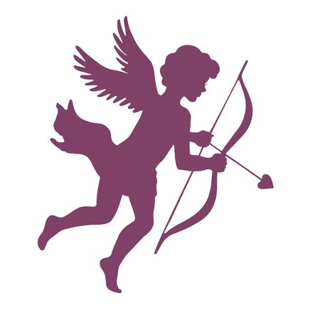 Cupid with bow and arrow, silhouette vector illustration, isolated on white background.