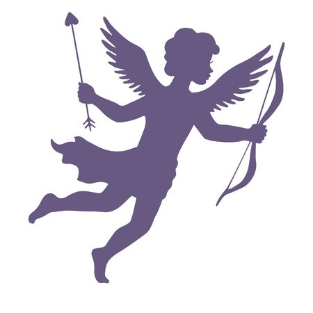 Cupid with bow and arrow, silhouette vector illustration, isolated on white background.のイラスト素材