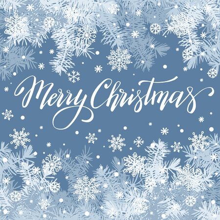 Merry christmas, holidays and new year winter vector background with fir brunches and snowflakes, template for design, invitation, greeting card, poster,のイラスト素材