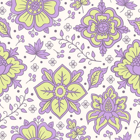 Hand drawn flowers and berries, vector seamless pattern.のイラスト素材