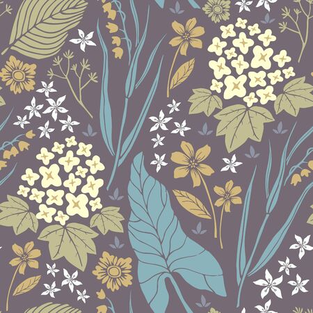 Hand drawn floral vector seamless pattern, abstract nature background with flowers, herbs and leaves.のイラスト素材