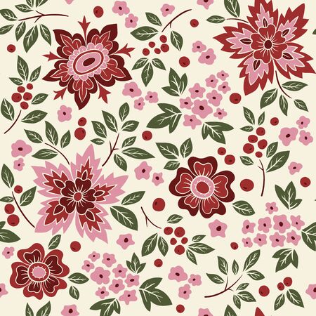 Hand drawn vector seamless pattern with flowers and berries.のイラスト素材