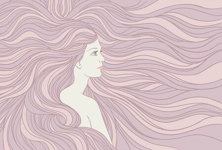 Girl with streaming  hair, hand drawn vector linen illustration.のイラスト素材