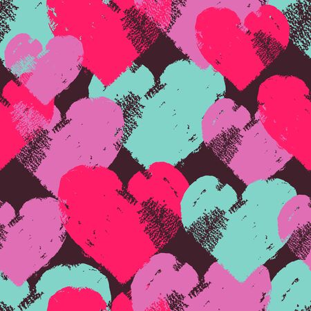 Hand painted acrylic hearts, romantic love seamless vector pattern in grunge style.のイラスト素材