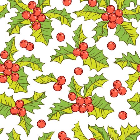 Seamless vector pattern with holly berries, holiday christmas background.のイラスト素材
