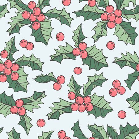 Seamless vector pattern with holly berries, holiday christmas background.のイラスト素材