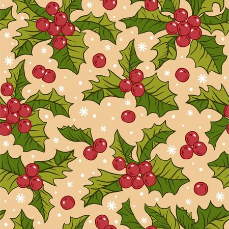 Seamless vector pattern with holly berries, holiday christmas background.のイラスト素材