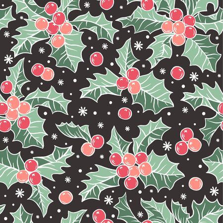 Seamless vector pattern with holly berries, holiday christmas background.のイラスト素材