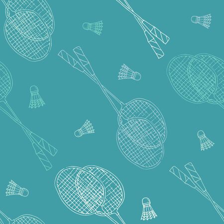 Badminton accessories: racket and shuttlecock, hand drawn linen illustration, vector seamless pattern.のイラスト素材