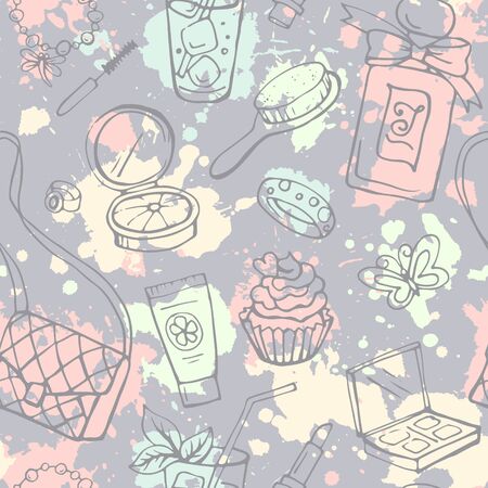 Female beauty and cosmetics accessories. Seamless hand drawn vector pattern. Fashion and glamour vector objects on color spots background.のイラスト素材