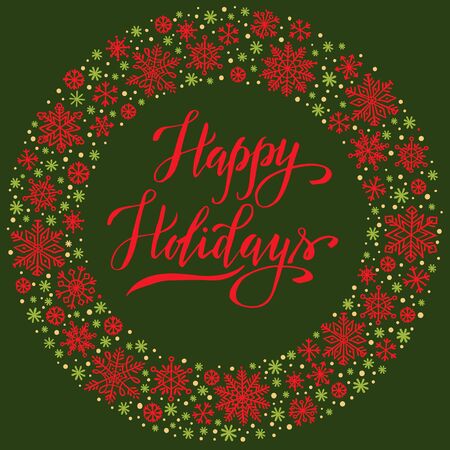 Happy Holidays, christmas background with snowflake frame, winter wreath, template for greeting card, invitation, poster.のイラスト素材