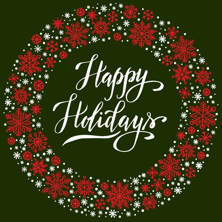 Happy Holidays, christmas background with snowflake frame, winter wreath, template for greeting card, invitation, poster.のイラスト素材
