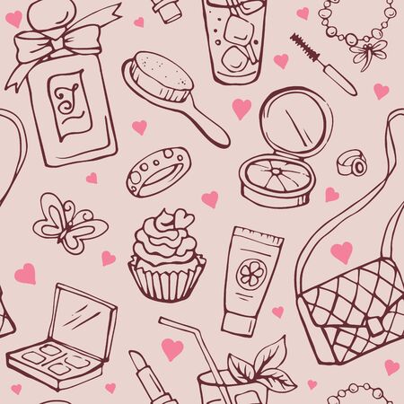 Female beauty and cosmetics accessories. Seamless hand drawn  pattern. Fashion and glamour vector objects.のイラスト素材