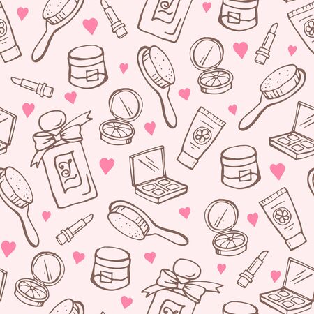 Female beauty and cosmetics accessories. Seamless hand drawn  pattern. Fashion and glamour vector objects.のイラスト素材
