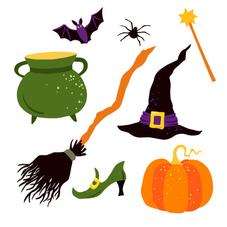 Halloween witches magic set in cartoon style. Vector illustration on white background.のイラスト素材