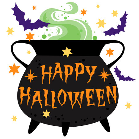 Happy Halloween, hand written lettering, witches pot, Halloween vector illustration, card, poster.のイラスト素材
