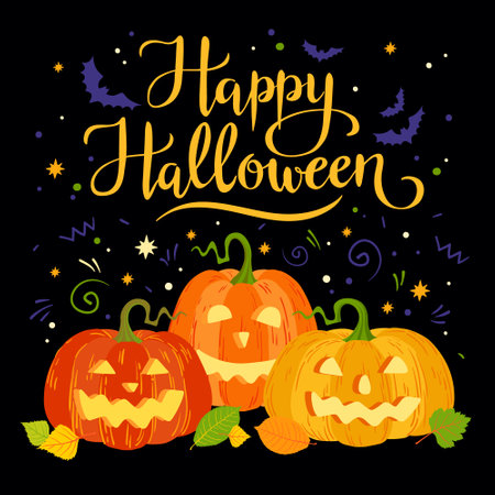 Cartoon Halloween orange and yellow pumpkins with carving smiles, autumn leaves vector illustration, Happy Halloween hand written lettering.のイラスト素材