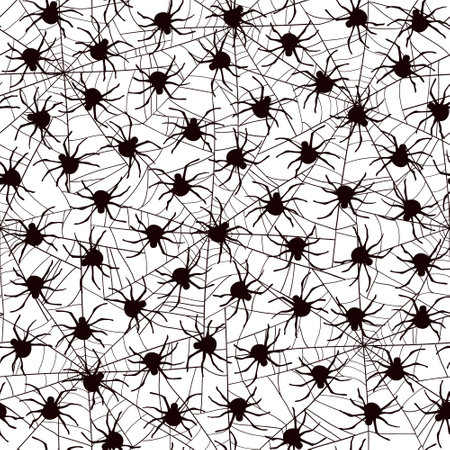 Spider and spiderweb, black and white vector seamless pattern for Halloween.のイラスト素材