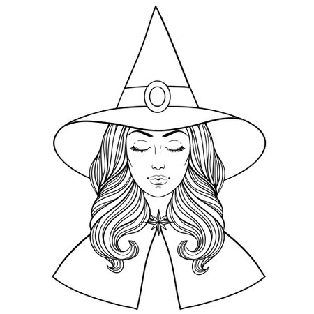 Beautiful witch in hat, vintage halloween vector black and white linen illustration. Face of a beautiful young girl with long wavy hair in a hat on the white background.のイラスト素材