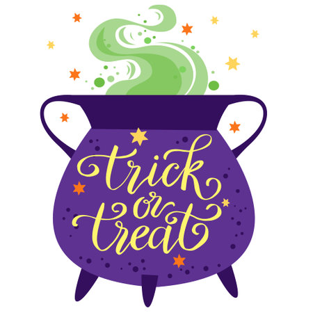 Trick or treat lettering witches pot, Halloween cartoon vector illustration for card and poster.のイラスト素材