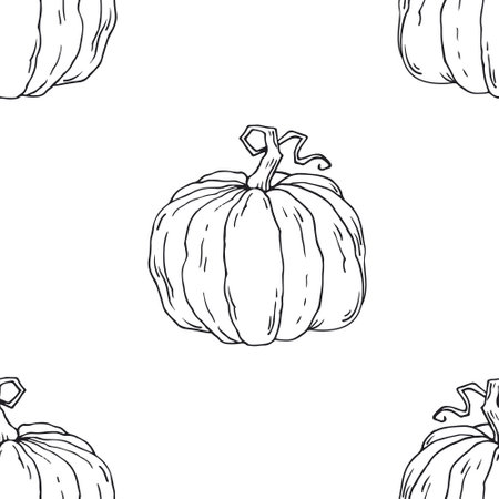 Pumpkin, hand drawn linen sketch, vector seamless pattern.のイラスト素材