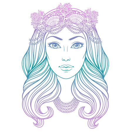 Mermaid girl in crown with pearls and shells, vector linen illustration. Face of a beautiful young girl with long wavy hair on the white background.のイラスト素材