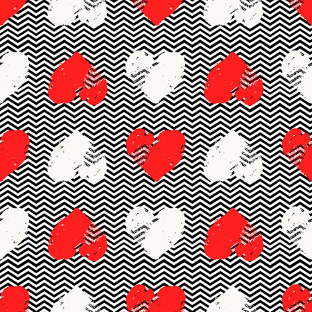 Pink printed hearts, vintage vector seamless pattern, love, romantic, Valentines day theme, template for textile, wallpaper, wrapping paper.のイラスト素材