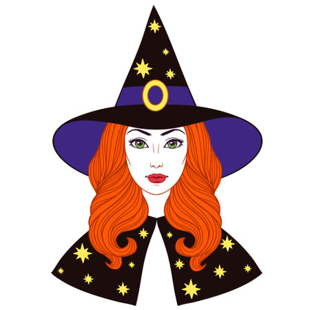 Beautiful witch in hat, vintage halloween vector linen illustration. Face of a beautiful young girl with long wavy hair in a hat on the white background.のイラスト素材
