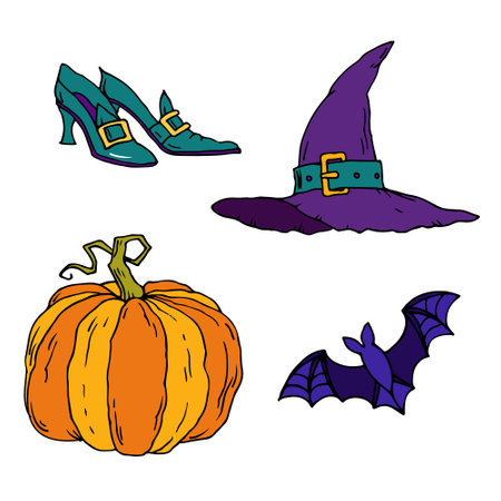 Set of Halloween vector illustrations in vintage style: witch hat, shoes, bat and pumpkin.のイラスト素材