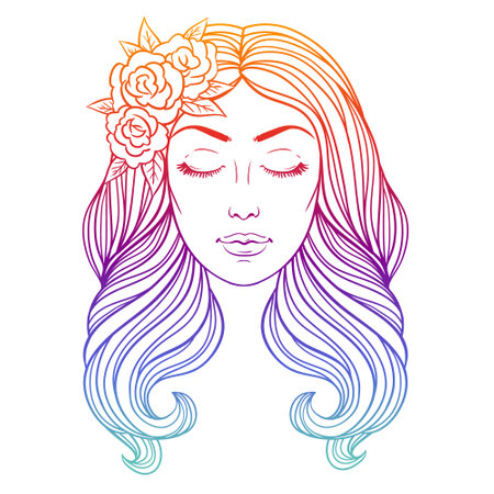 Girl with long wavy hair, vector linen black and white illustration. Coloring book page, tattoo, poster.のイラスト素材