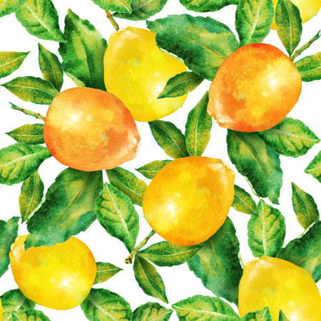 Watercolor lemon fruit branch with leaves, seamless pattern. Hand painted illustration fo textile, wallpaper, background design.の写真素材